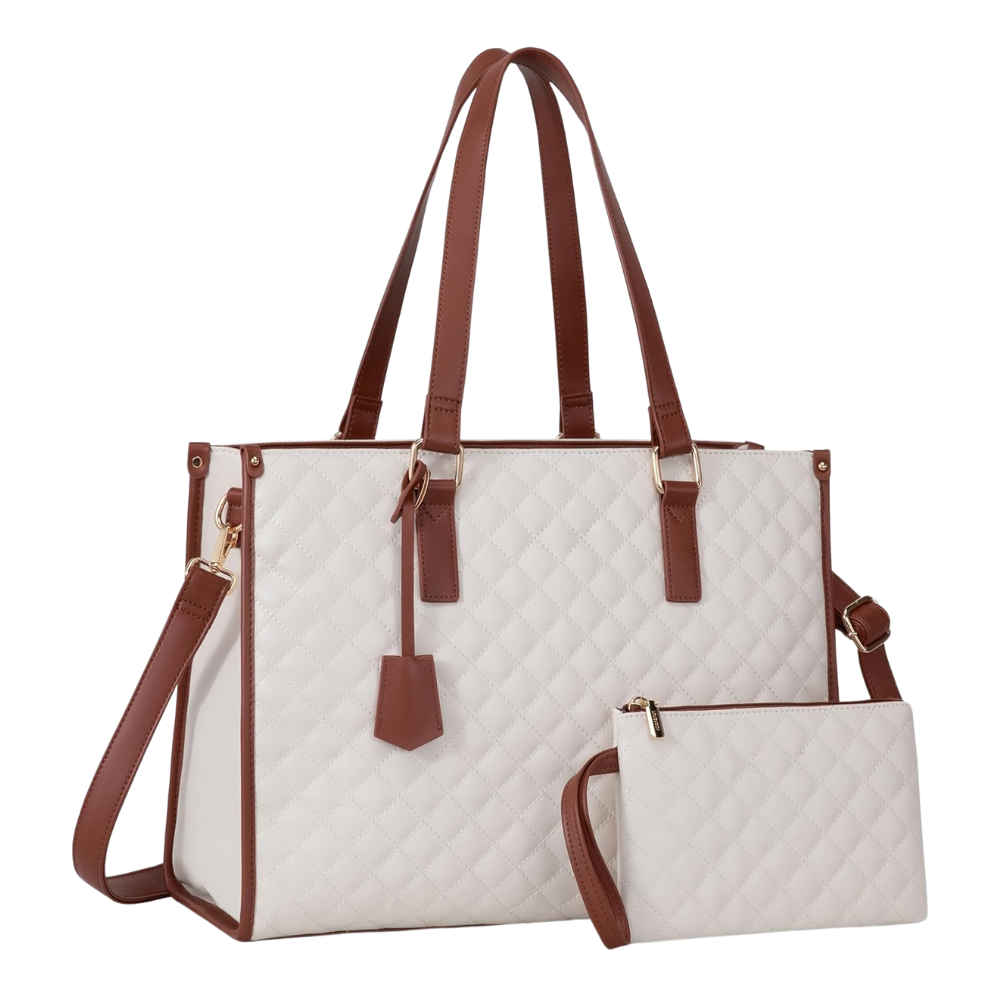 Borsa Tote bag con scomparto isolato -Bianco con maniglie marroni - Ozerty