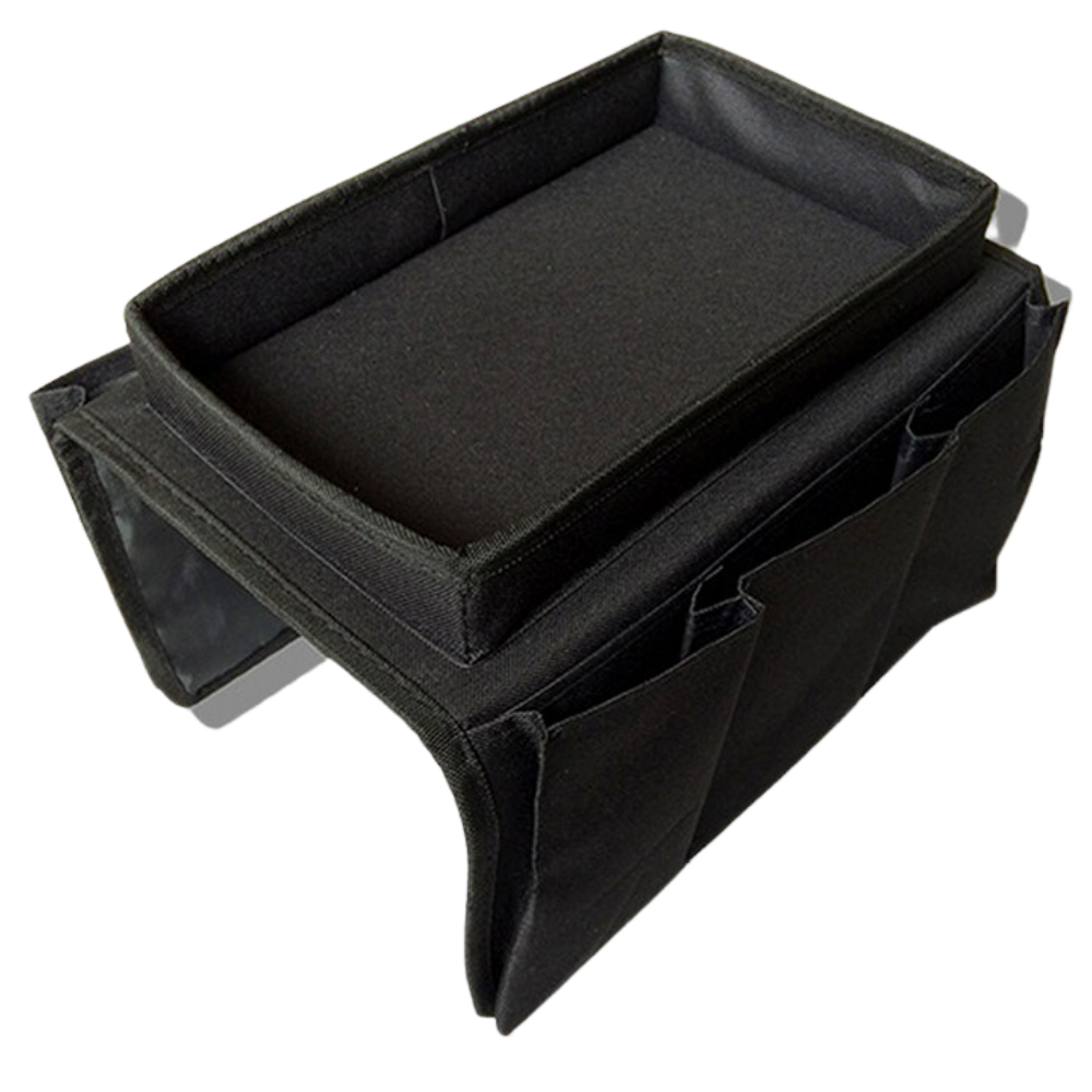 Bag hanging by the arm of the sofa