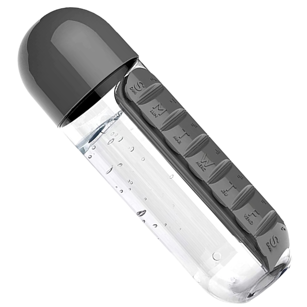 Plastic water bottle with pill box