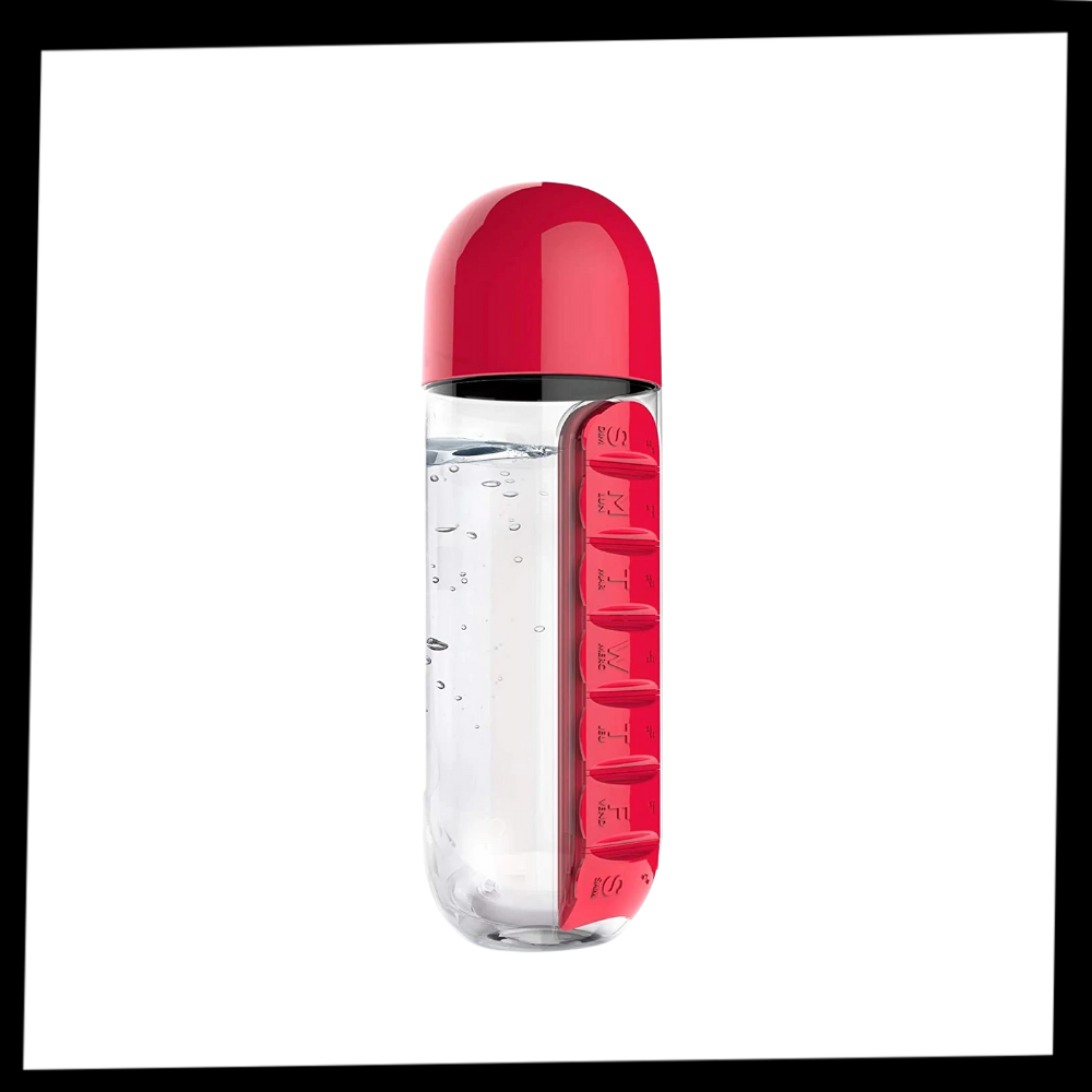 Bottiglia d'acqua in plastica con portapillole - Ozerty