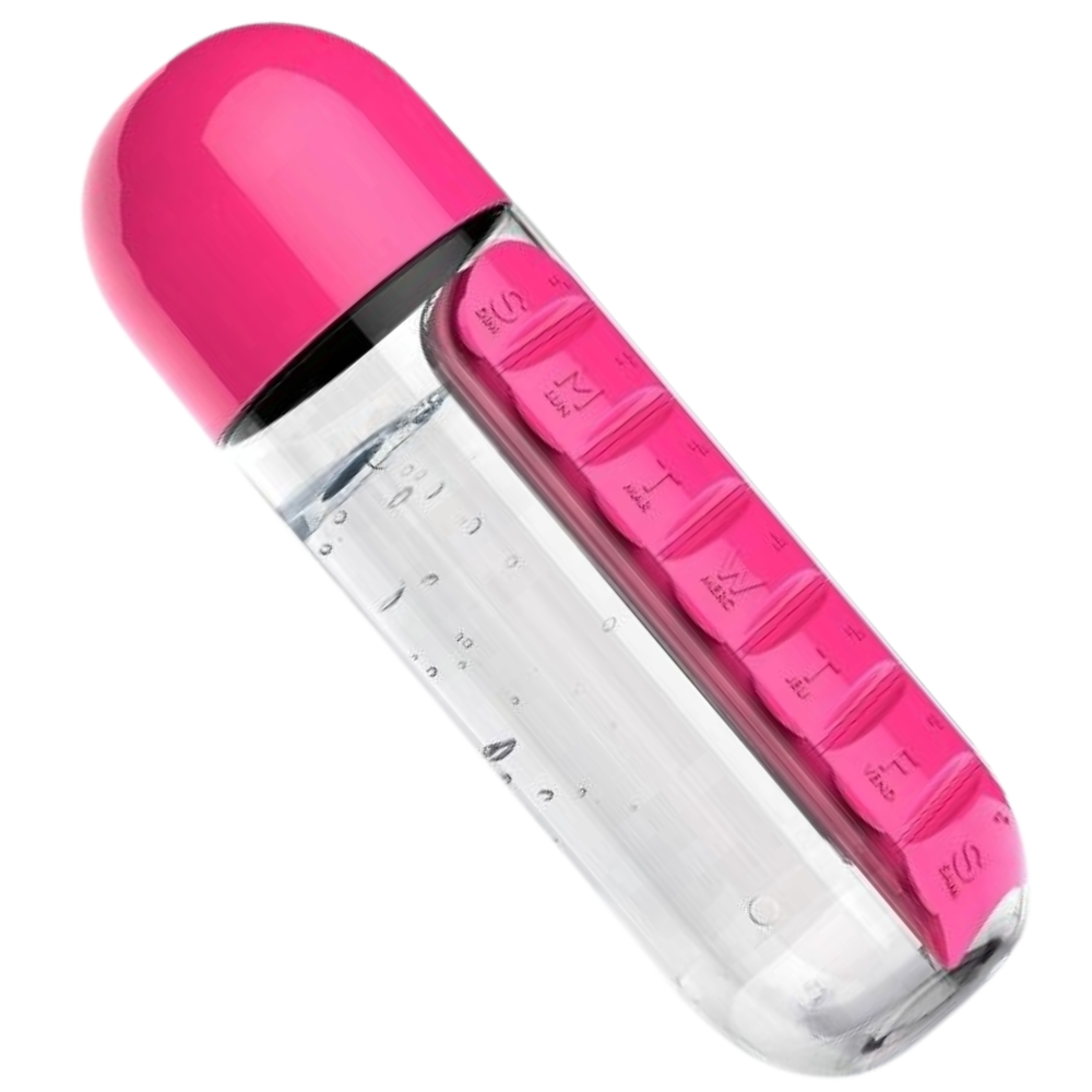 Plastic water bottle with pill box