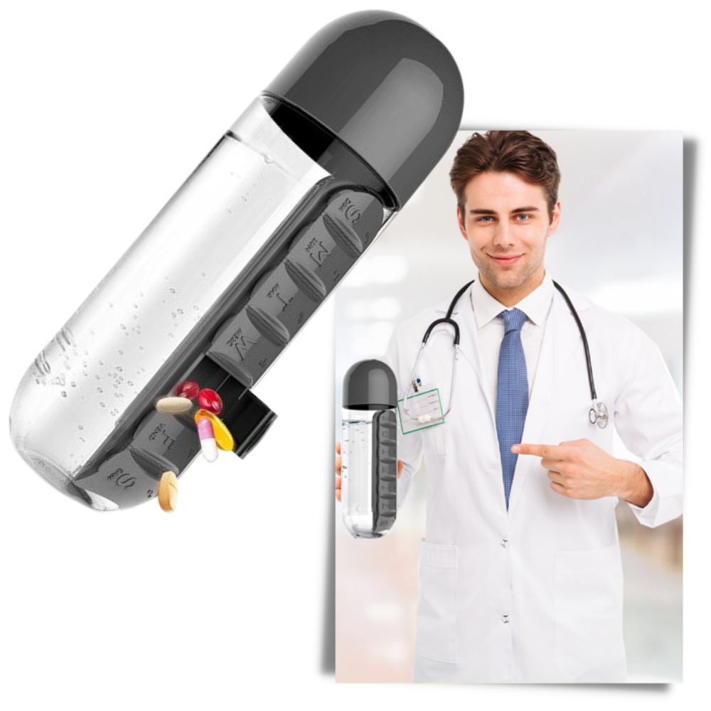 Bottiglia d'acqua in plastica con portapillole - Ozerty