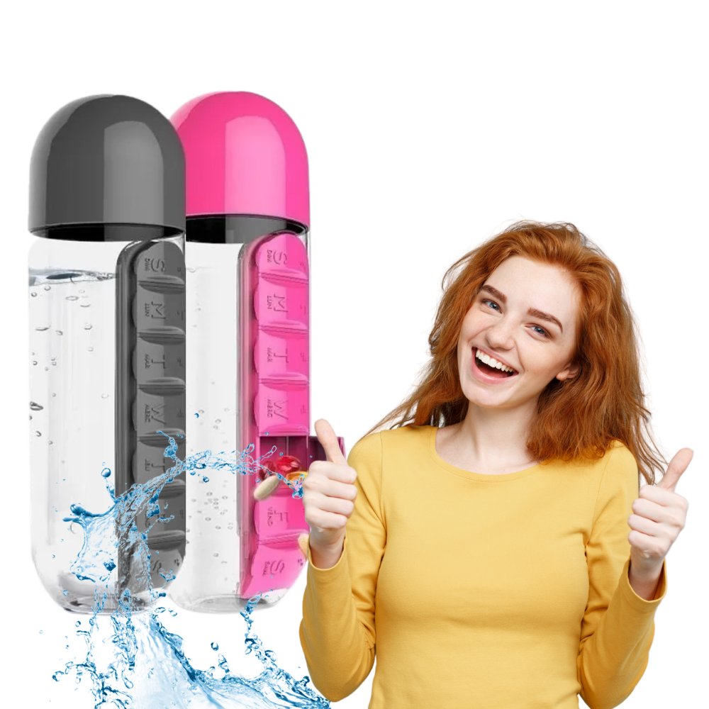 Bottiglia d'acqua in plastica con portapillole