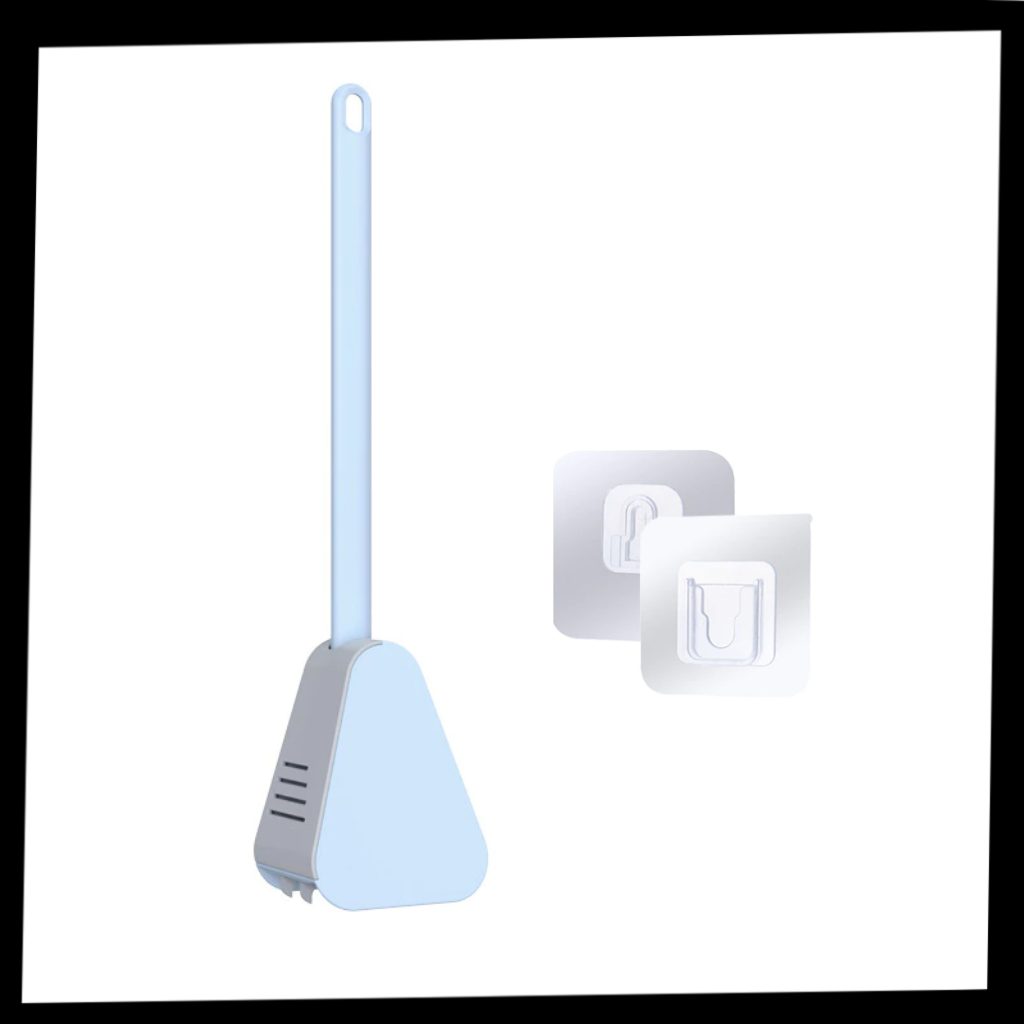 Toilet brush with long handle and wall base