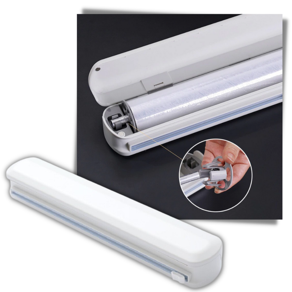 Dispenser e taglierina per involucri alimentari in plastica