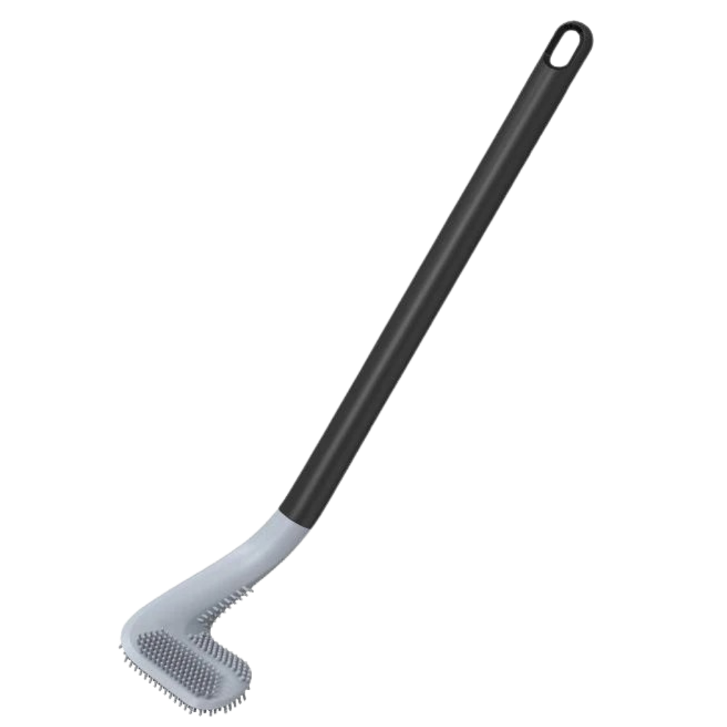 Toilet brush with long handle and wall base