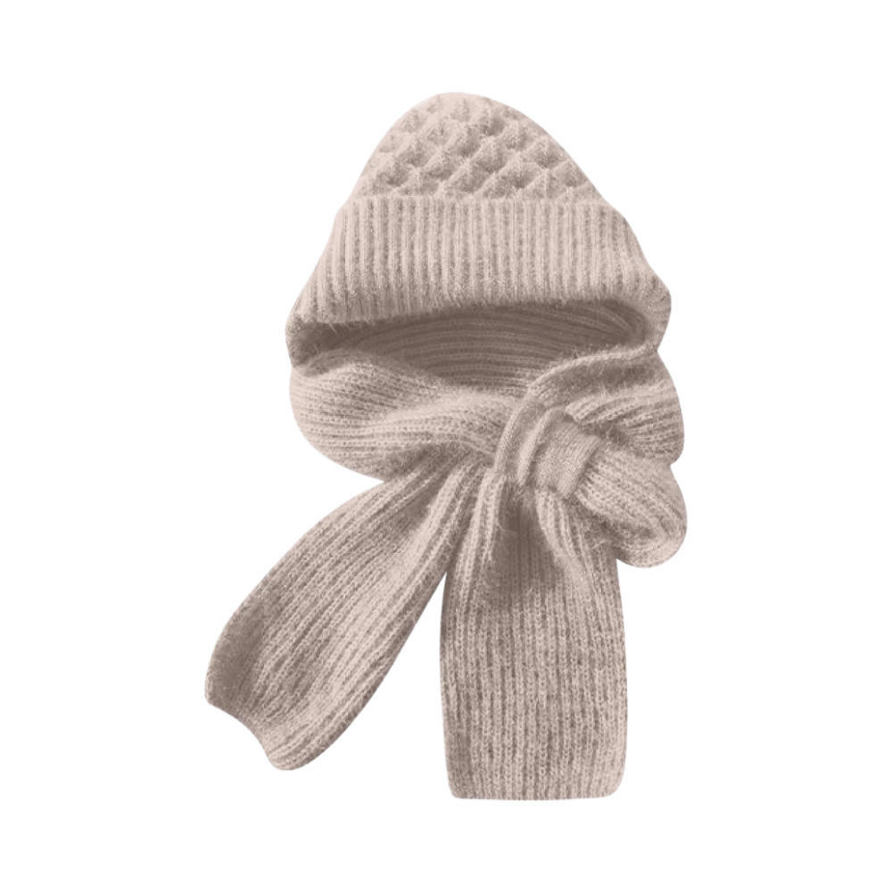 Cappello con cappuccio in maglia antivento con sciarpa e protezione per le orecchie integrate -Beige - Ozerty