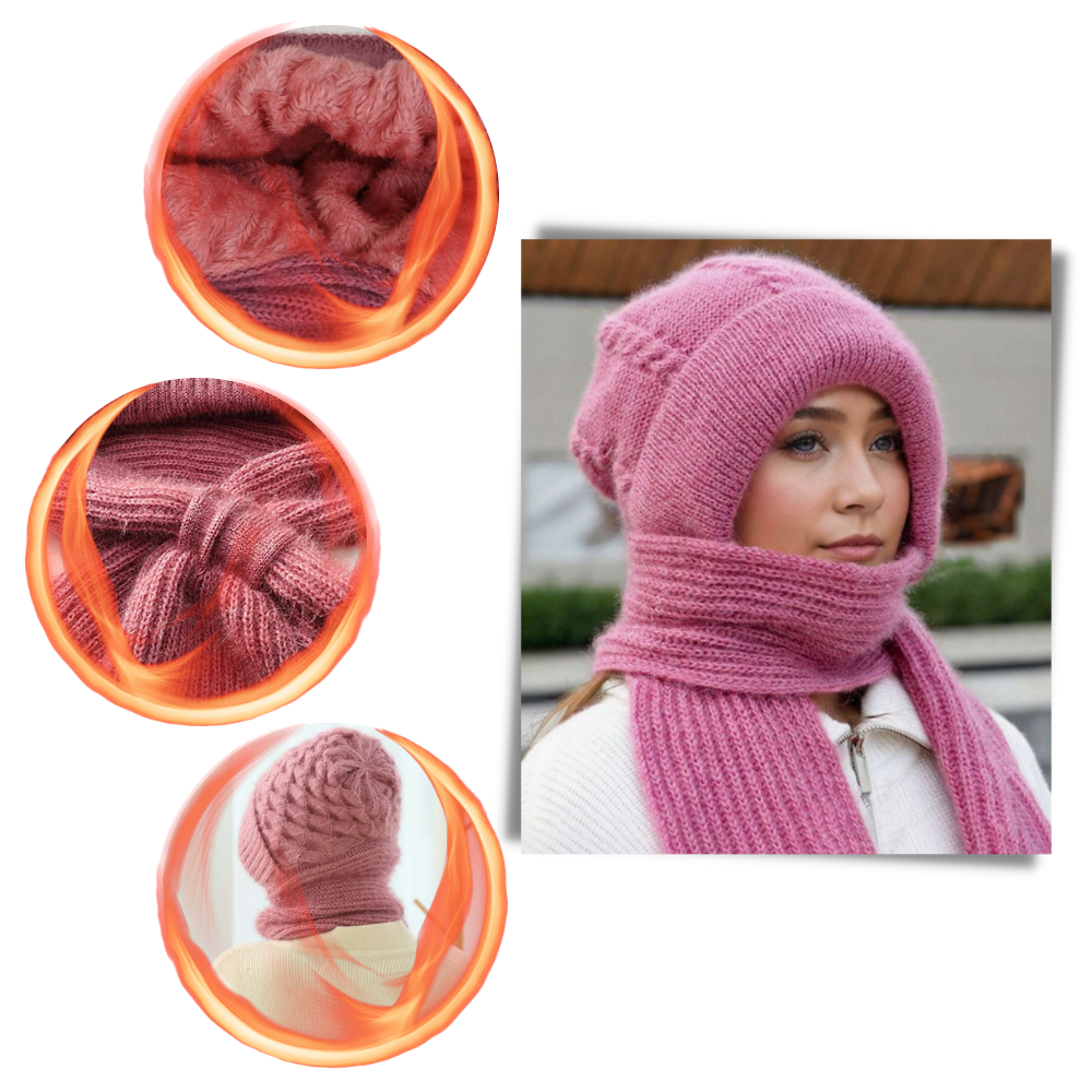 Cappello con cappuccio in maglia antivento con sciarpa e protezione per le orecchie integrate - Ozerty