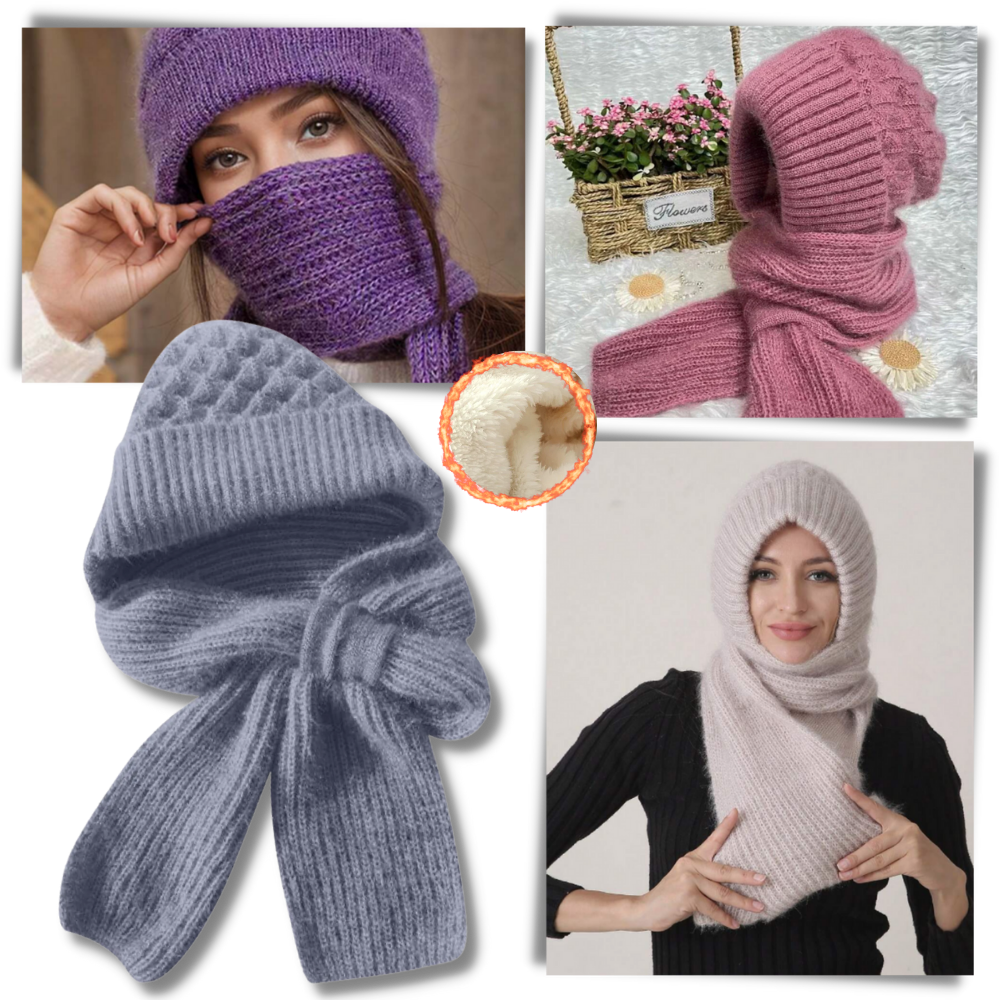 Cappello con cappuccio in maglia antivento con sciarpa e protezione per le orecchie integrate - Ozerty