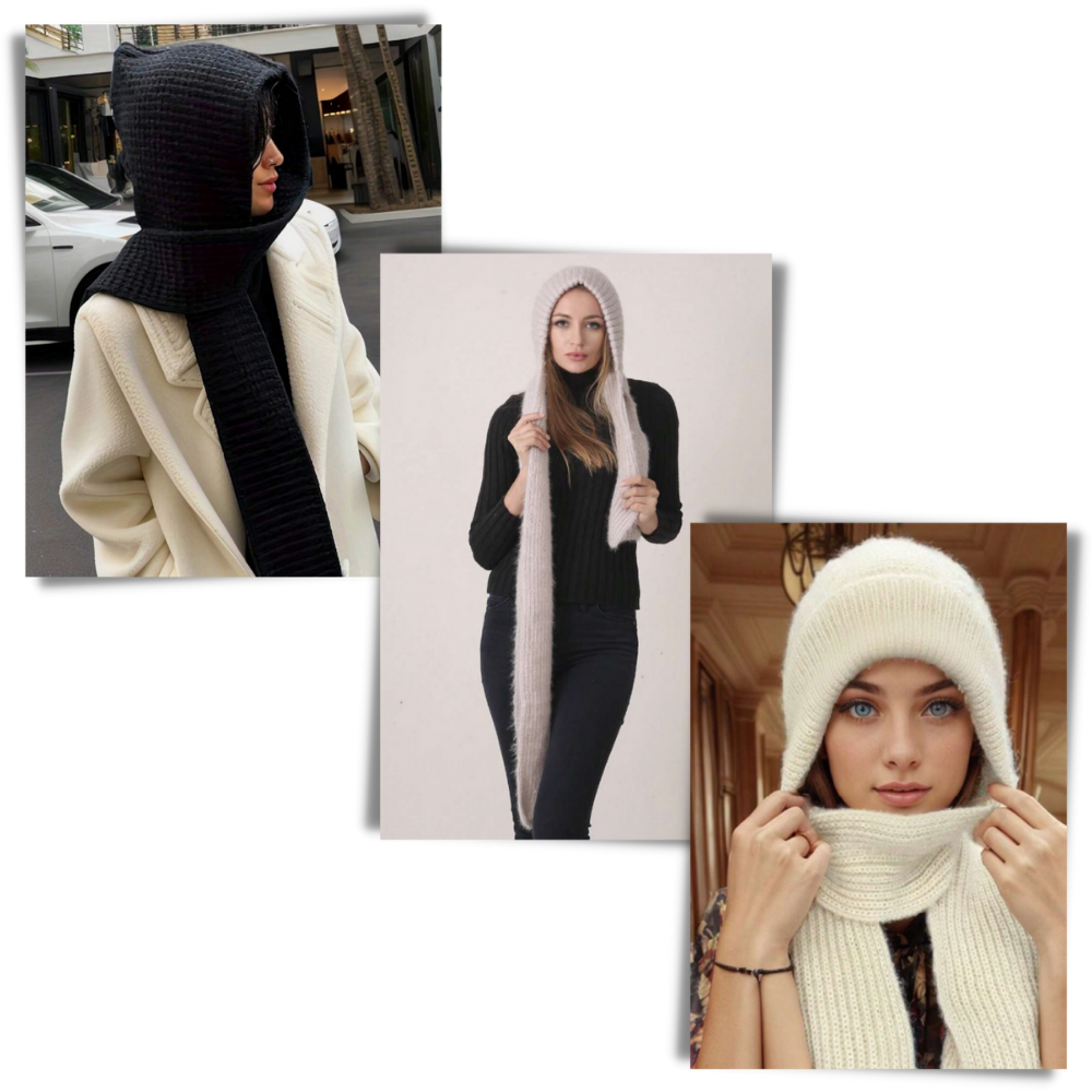 Cappello con cappuccio in maglia antivento con sciarpa e protezione per le orecchie integrate - Ozerty