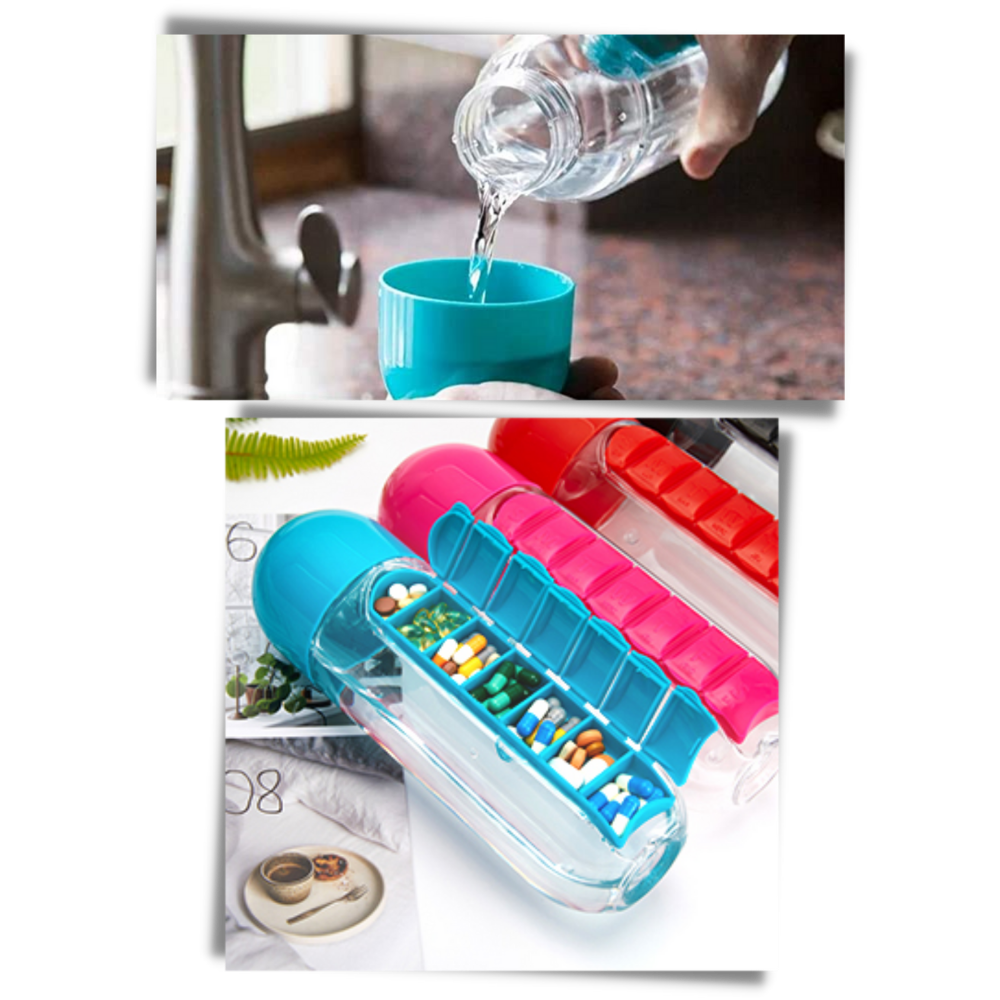 Bottiglia d'acqua in plastica con portapillole - Ozerty