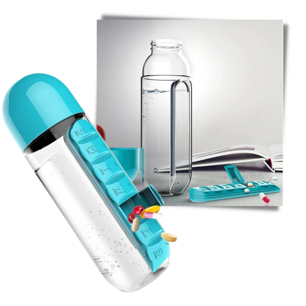 Bottiglia d'acqua in plastica con portapillole - Ozerty