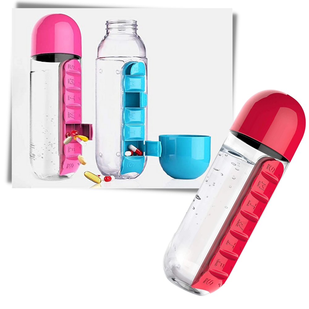 Bottiglia d'acqua in plastica con portapillole - Ozerty