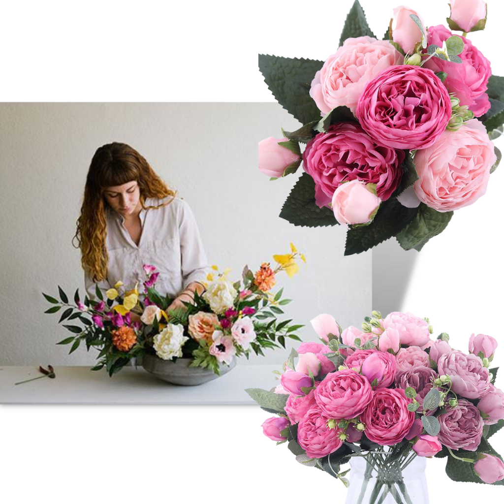 Bouquet di fiori artificiali di seta con peonie e rose - Ozerty
